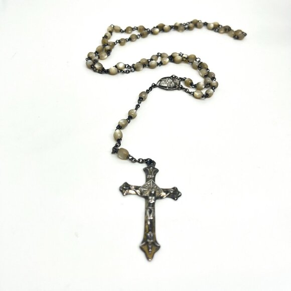 VINTAGE 925 STERLING SILVER ROSARY CATHOLIC CROSS NECKLACE BEADS 30” SIGNED - Picture 3 of 16